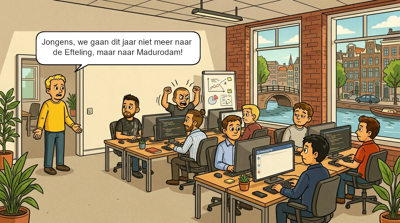 Casper kondigt aan dat het uitje dit jaar niet naar de Efteling maar naar Madurodam gaat