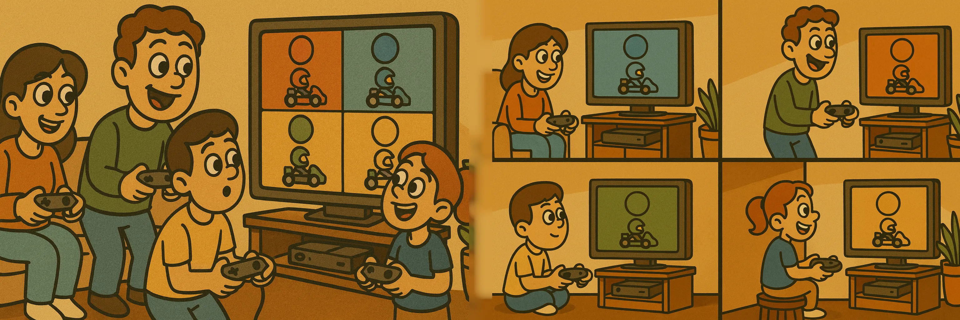 Het verschil tussen lokale multiplayer (links) en online/remote multiplayer (rechts)