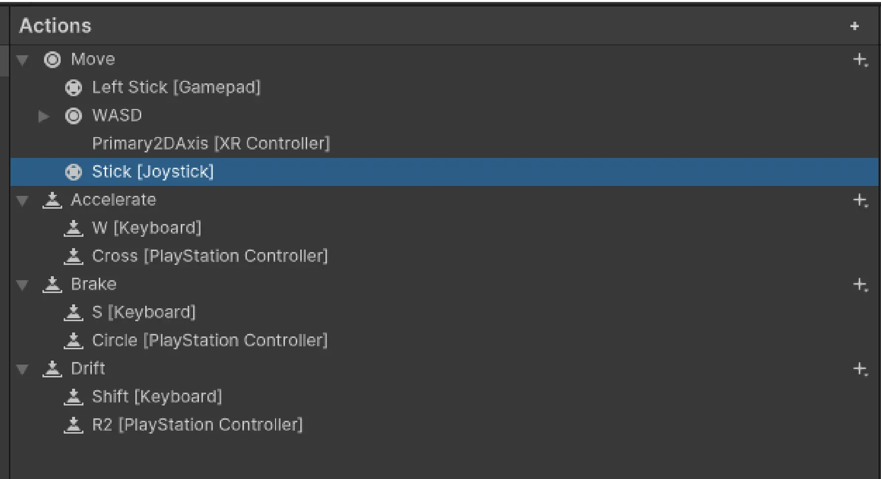 Dit is hoe Vincent actions defineert in Unity. Je kunt zien hoe dezelfde actie aan meerdere inputs kan worden toegewezen, zoals een controller of keyboard.