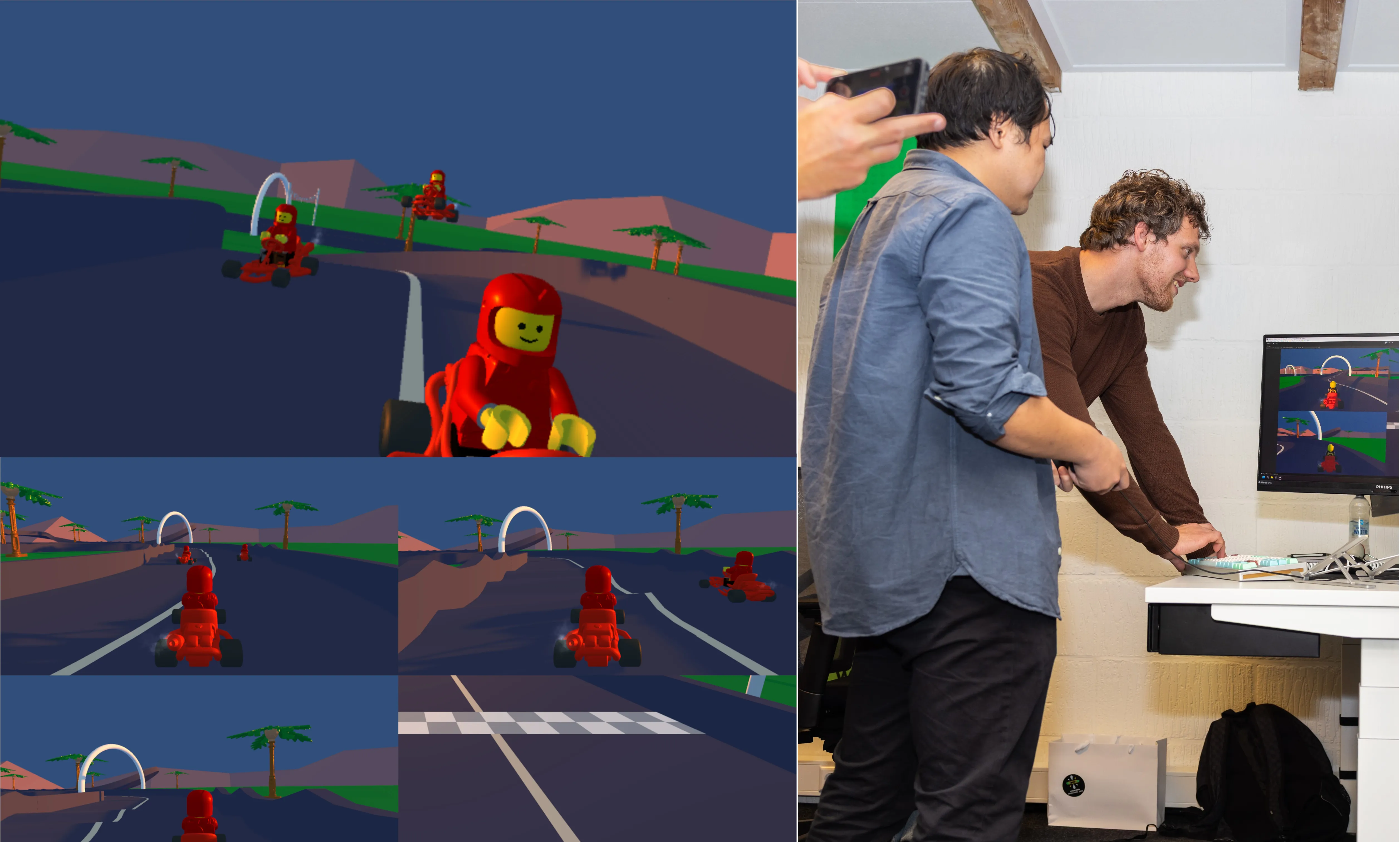 Len (rechts) en Vincent (links) houden een race tijdens de demonstratie.<br />Ook van de partij: Peter die zijn middelvinger opsteekt naar de camera.