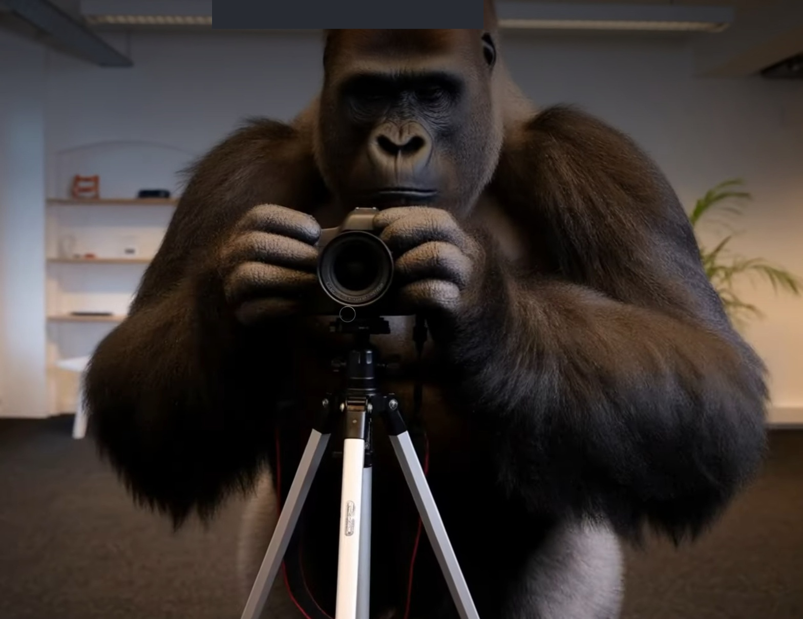 Een gorilla achter een camera op een statief, uit de MiniMax H3-video De fotograap