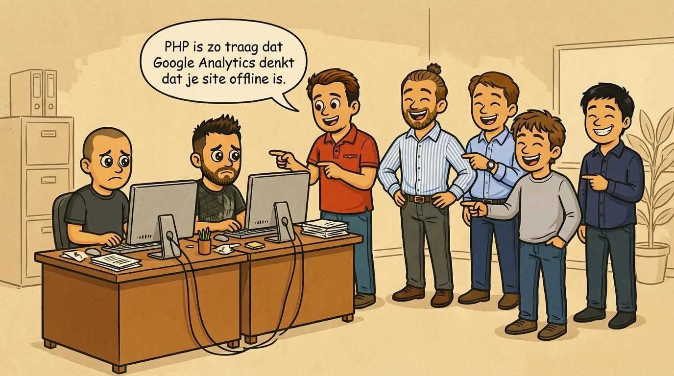 Collega's die PHP-developers uitlachen over de snelheid van PHP