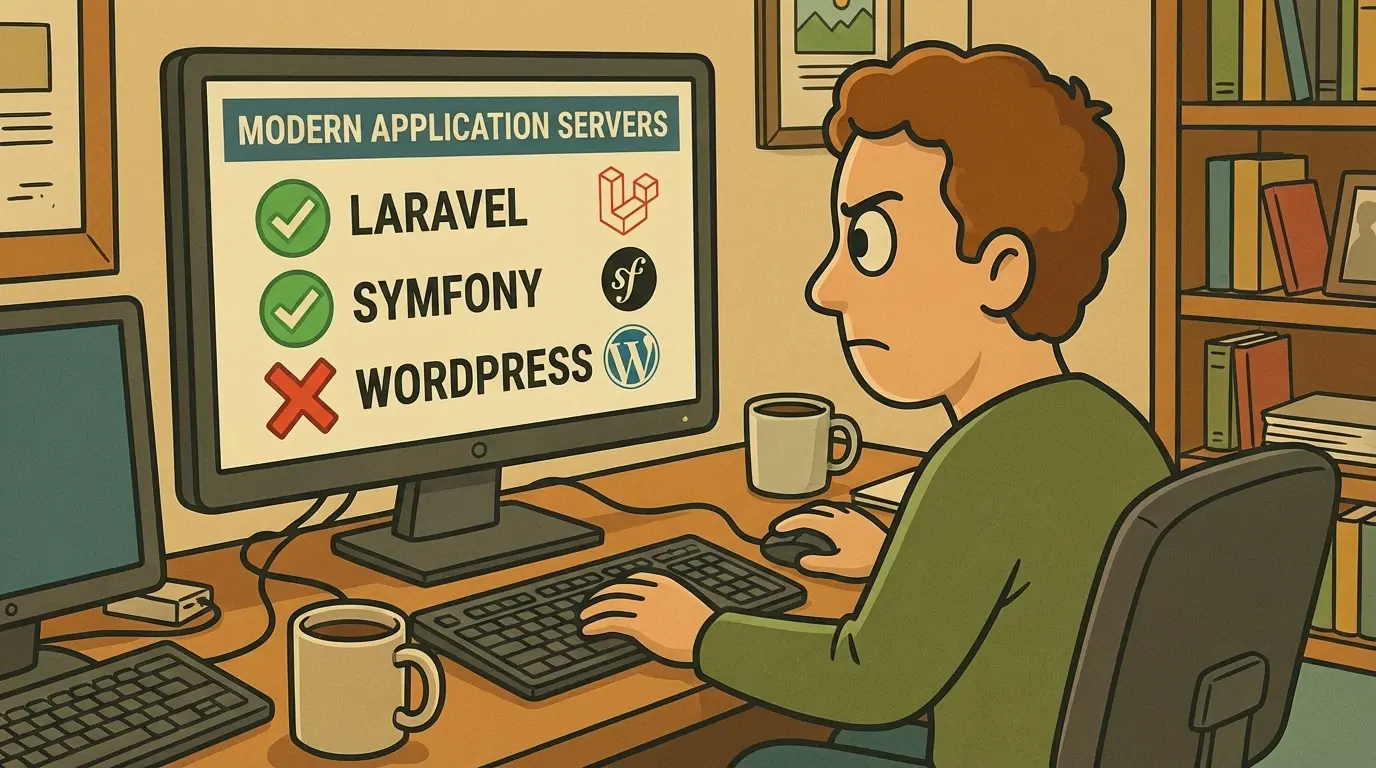Scherm toont ondersteuning voor moderne applicatieservers: Laravel en Symfony wel, WordPress niet