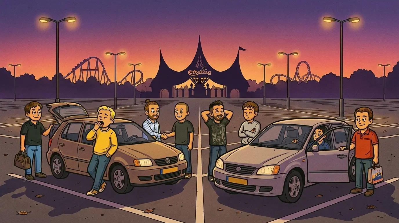Aan het einde van de dag bij de auto's op de parkeerplaats, met de Efteling in de avondschemering