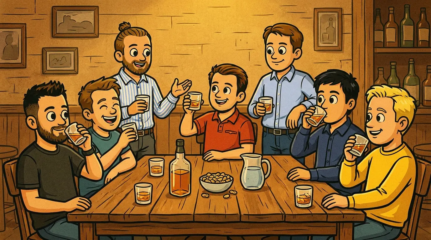De collega's proosten met glazen tijdens een whiskeyproeverij in een café