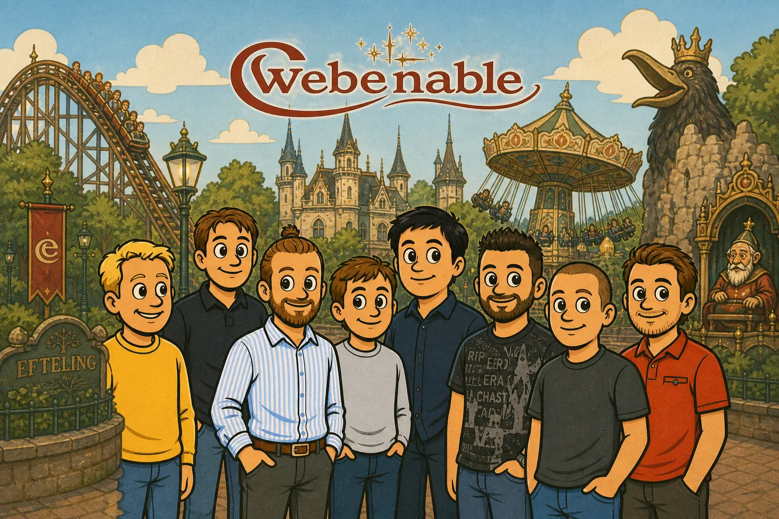 Een groep collega's poseert bij de ingang van de Efteling met achtbanen op de achtergrond