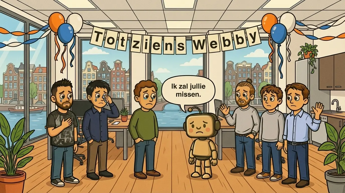 Robot neemt afscheid op kantoor met spandoek 