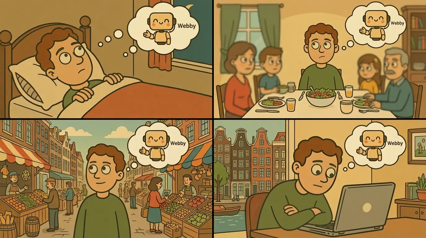 Vier panelen: man denkt aan Webby in bed, aan tafel, op straat en achter zijn laptop