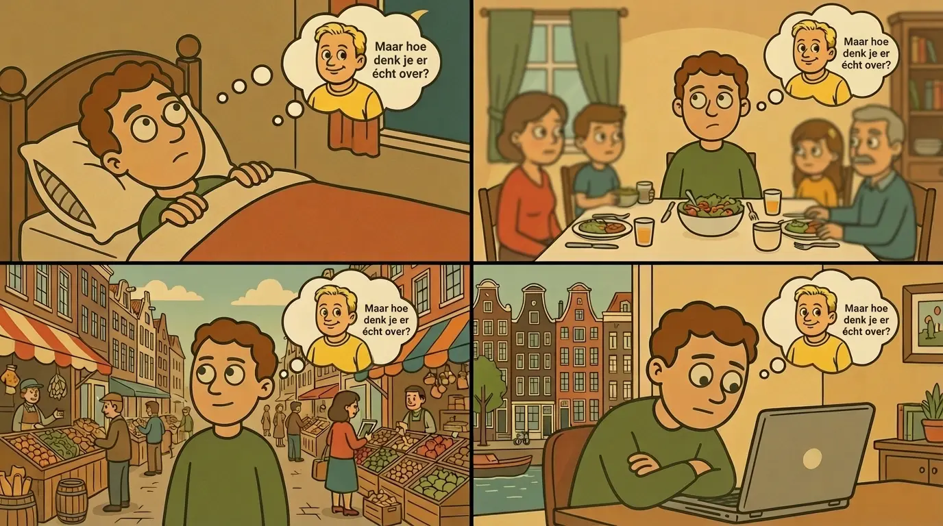 Vier panelen: man wordt achtervolgd door de vraag 