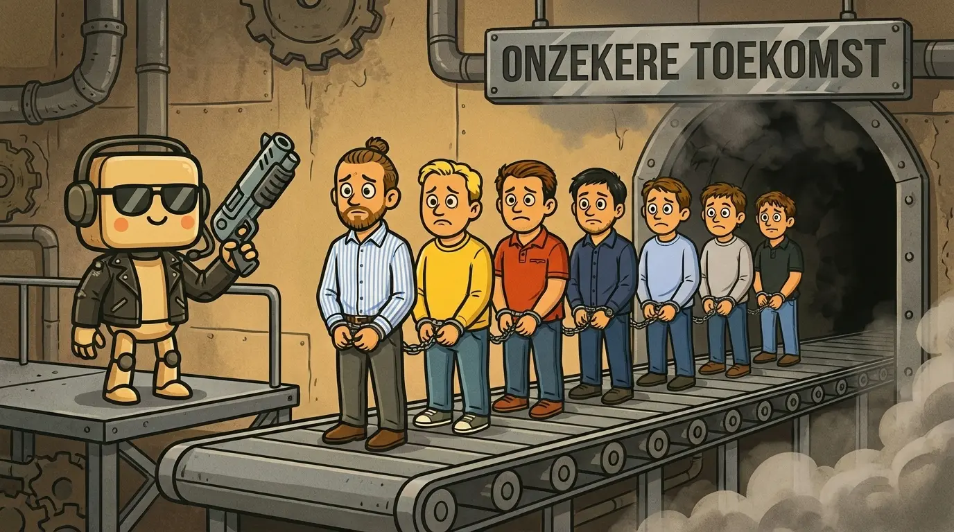 Robot met wapen drijft mensen in ketenen richting een tunnel met het bord 