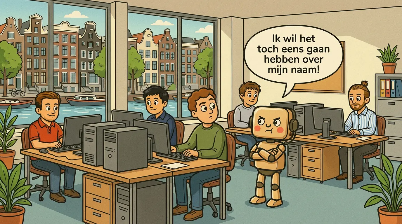 Robot op kantoor tussen collega's met een tekstballon: 