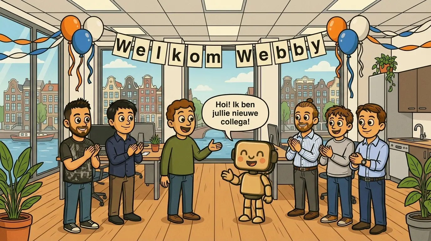 Robot wordt verwelkomd op kantoor met spandoek 