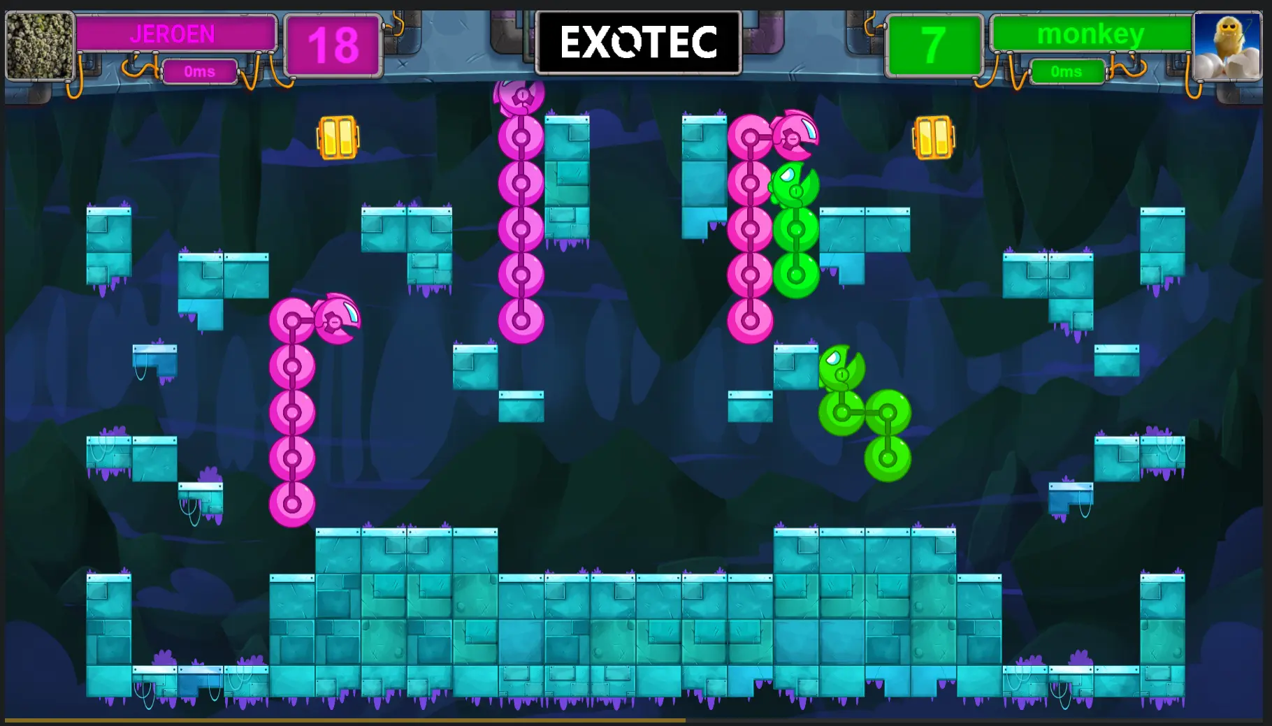 Screenshot van een match tegen monkey in CodinGame Snakebyte