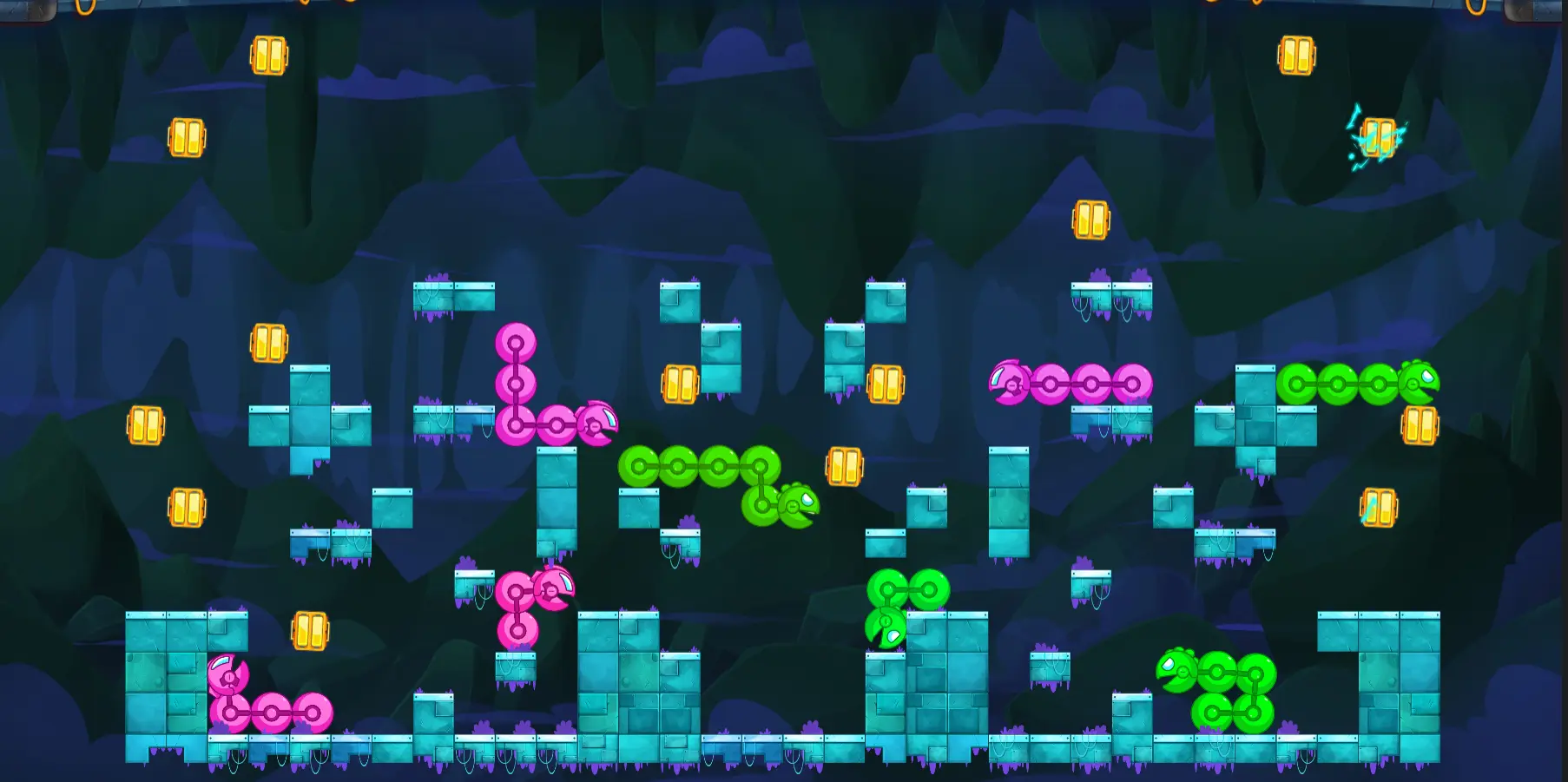 Screenshot van het Snakebyte spel met slangen en powernodes