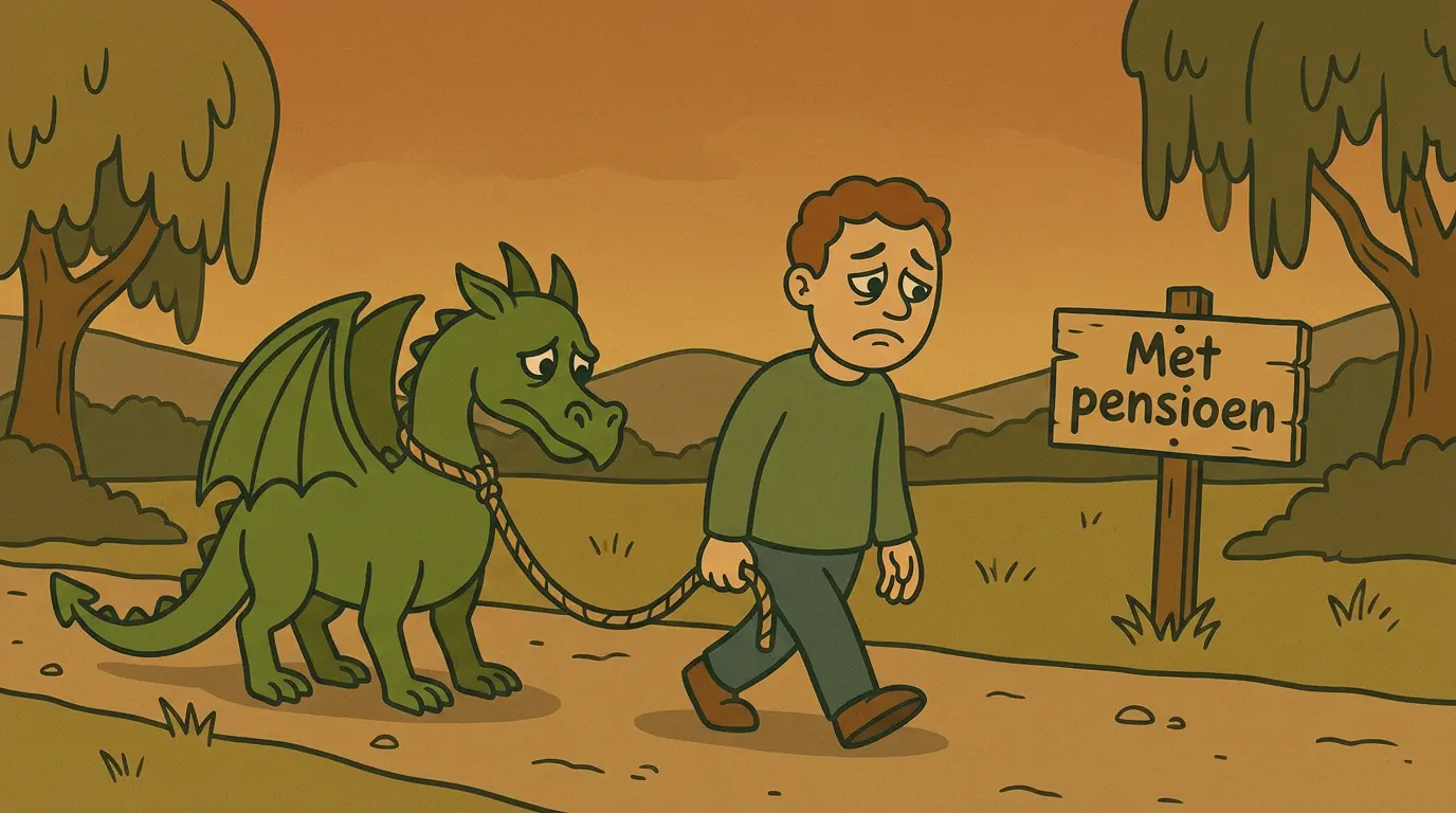 De vertaalkaarten, en dus ook onze Balkendraak', gaan met pensioen. In deze sippe en satirische afbeelding wordt de Balkendraak weggebracht naar een 'pensioenplek'.