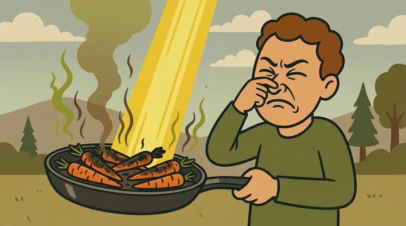 Een man is wortels aan het bakken via een gele straal die uit de lucht komt. De gebakken wortels ruiken niet lekker.