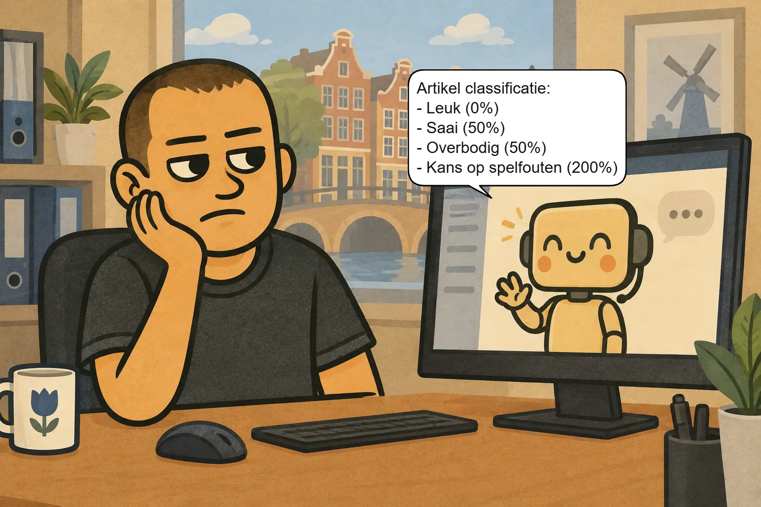 Jeroen kijkt chagrijnig naar Jev, die dit artikel classificeert als saai, overbodig en vol spelfouten