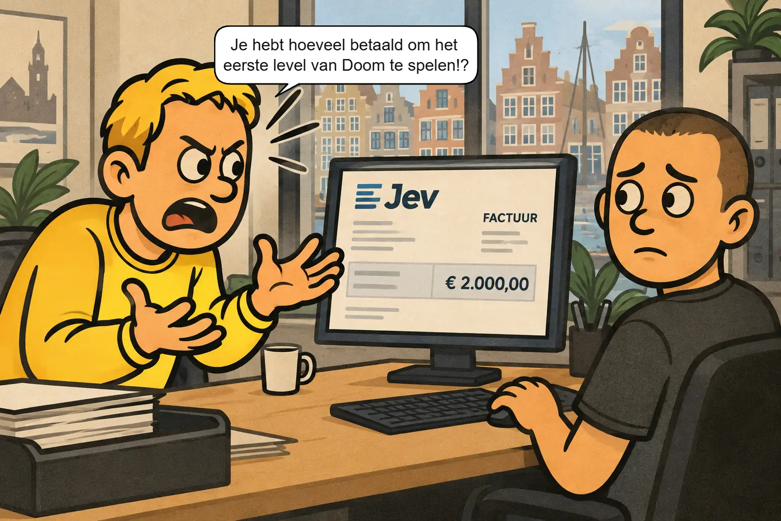 Casper is boos op Jeroen over een factuur van 2000 euro voor het spelen van het eerste level van Doom