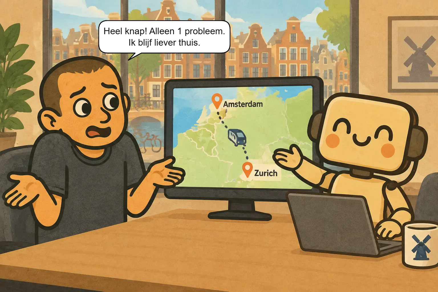 Jev toont trots een reis van Amsterdam naar Zürich, maar Jeroen blijft liever thuis