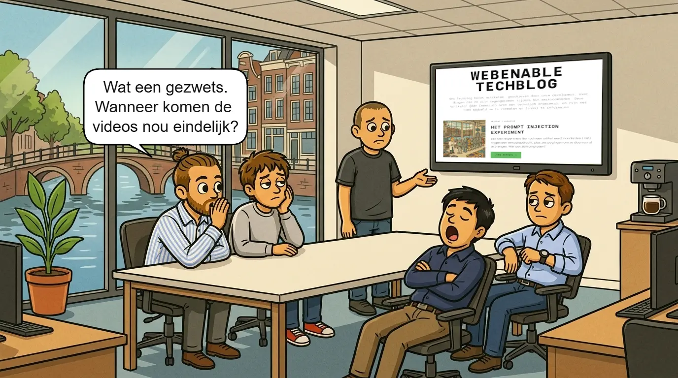Cartoon van een vergaderruimte waarin een collega verzucht: